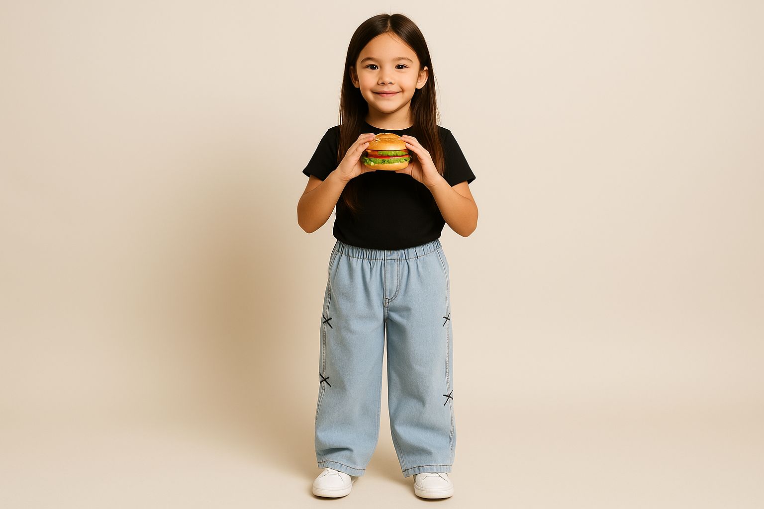 Kind in lässiger Baggy Jeans und beigem Sweatshirt auf einer Wiese.